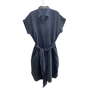LAUREN Ralph LAUREN Dress Womens 14 Blue Linen Belt Shirt Collared SAFARI Midi
